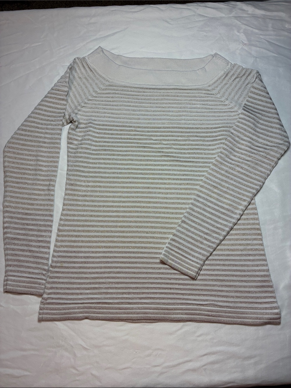 White House Black Market Beige and White Striped Boatneck Long-Sleeve Top